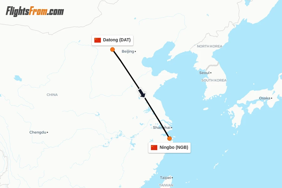 Flights from Datong to Ningbo route map