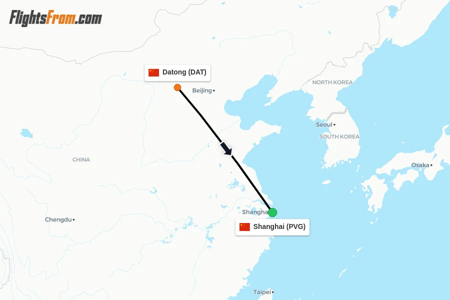 Flights from Datong to Shanghai route map
