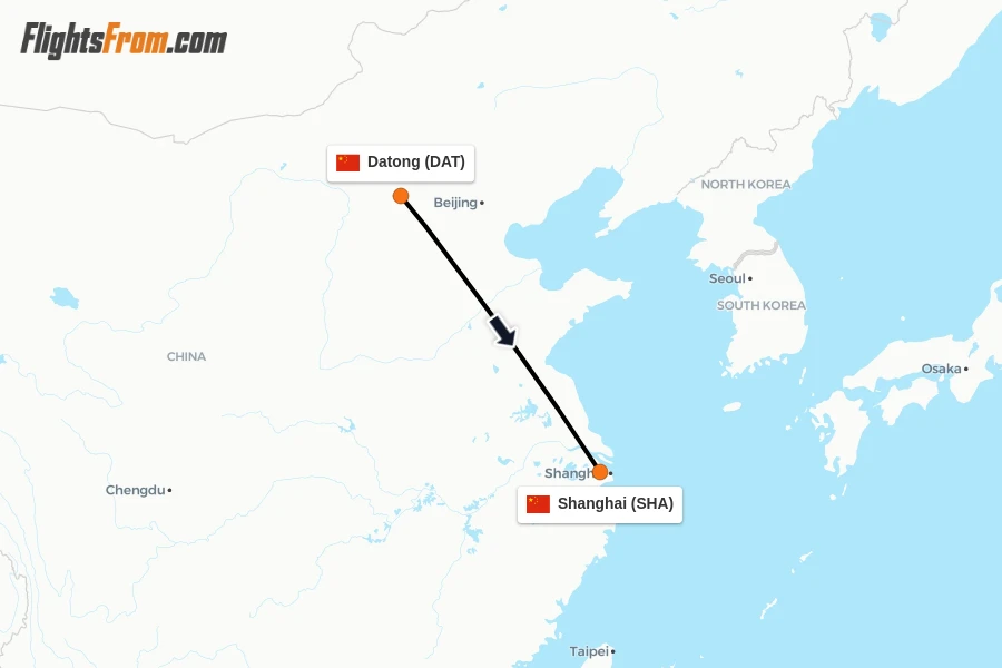 Flights from Datong to Shanghai route map
