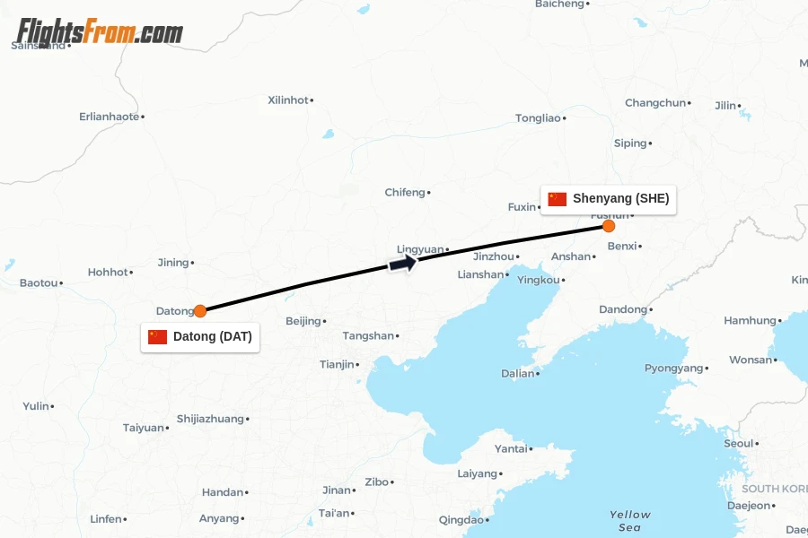 Flights from Datong to Shenyang route map