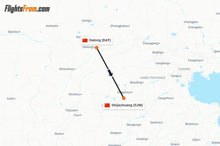 Flights from Datong to Shijiazhuang route map