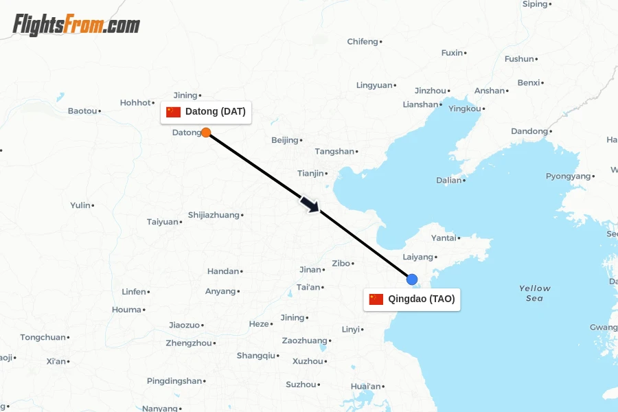 Flights from Datong to Qingdao route map