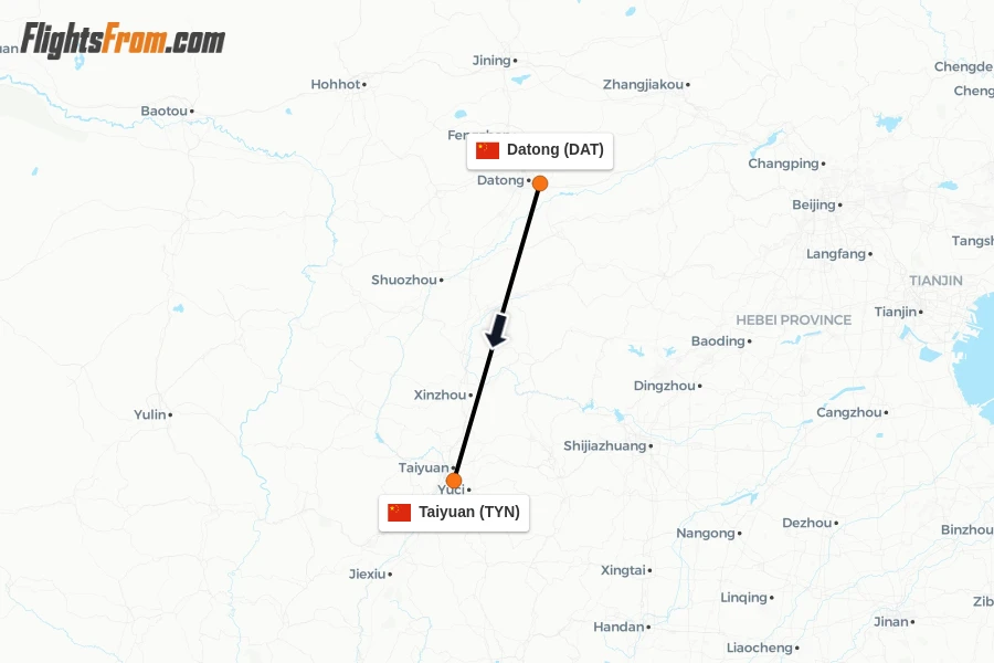 Flights from Datong to Taiyuan route map