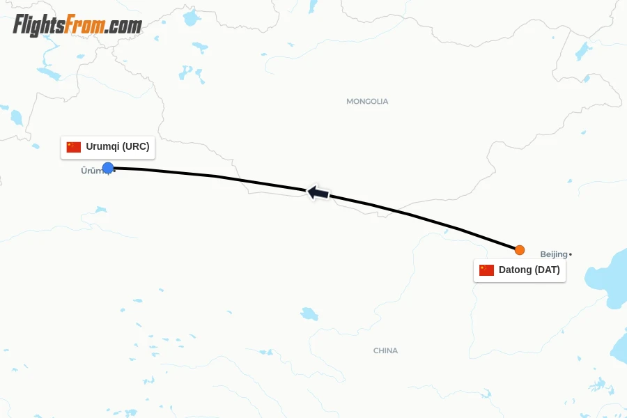 Flights from Datong to Urumqi route map