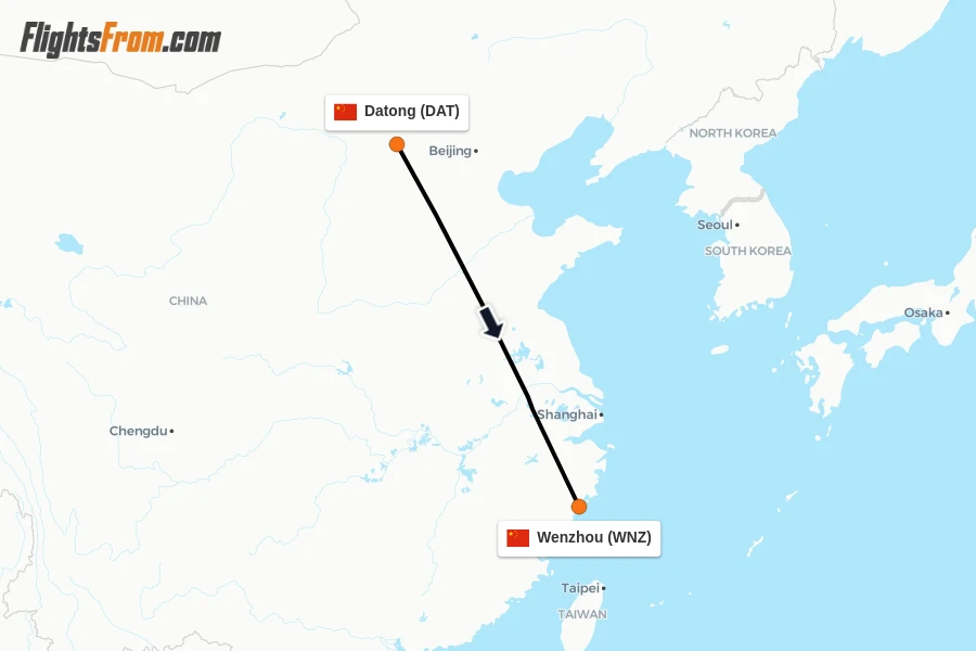 Flights from Datong to Wenzhou route map