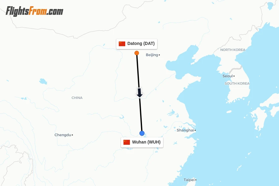 Flights from Datong to Wuhan route map