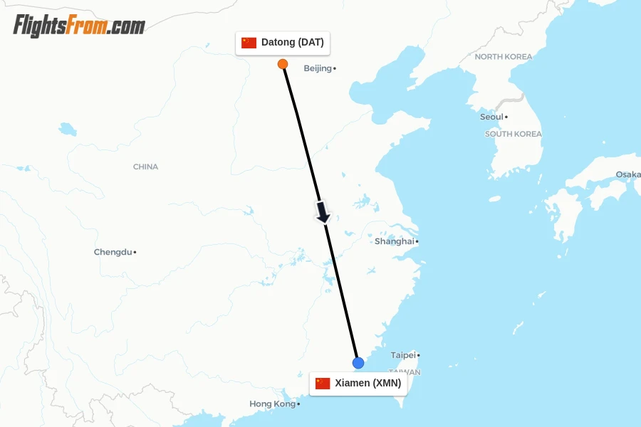 Flights from Datong to Xiamen route map