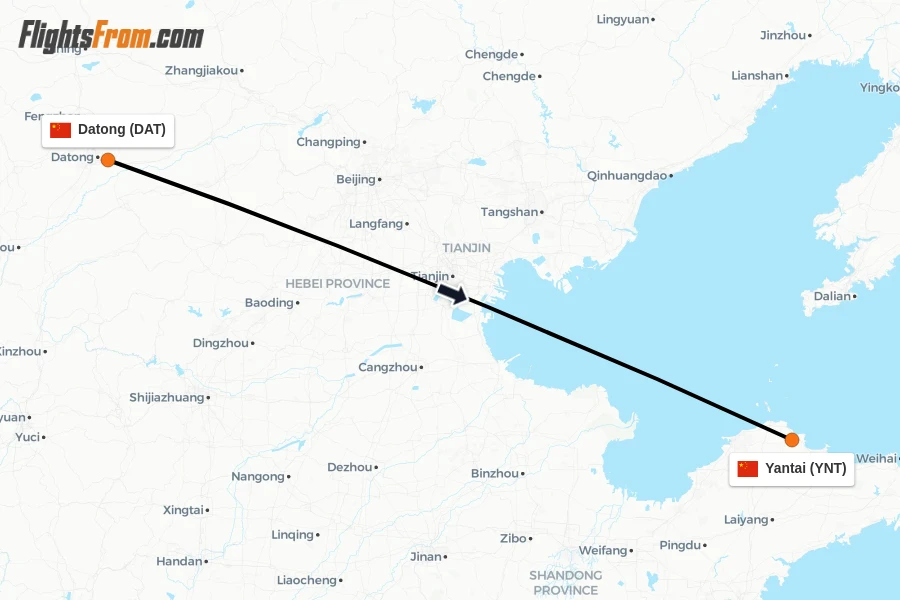 Flights from Datong to Yantai route map