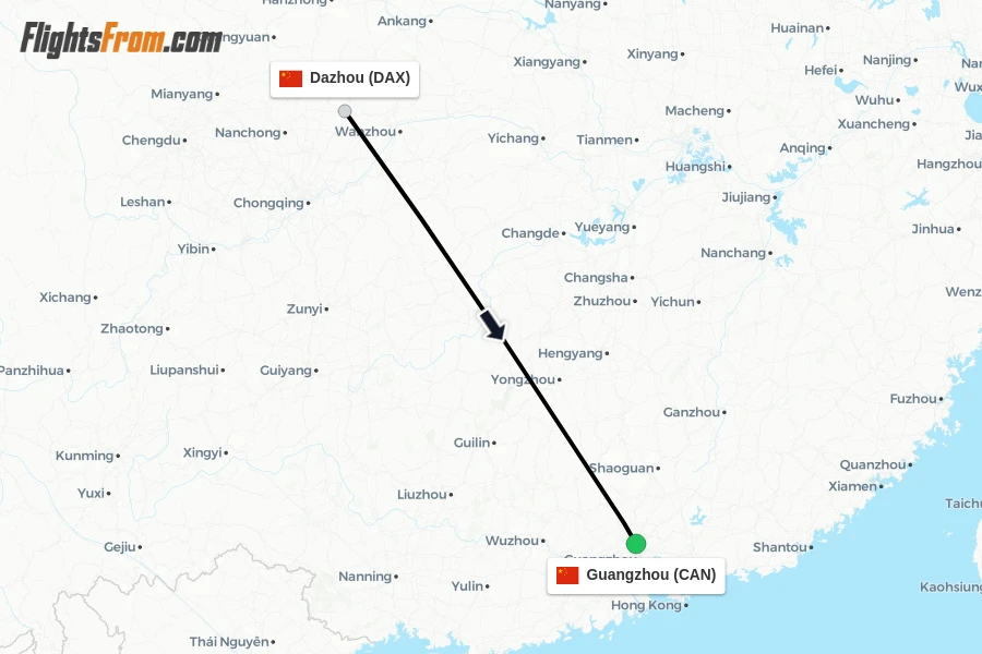 Flights from Dazhou to Guangzhou route map