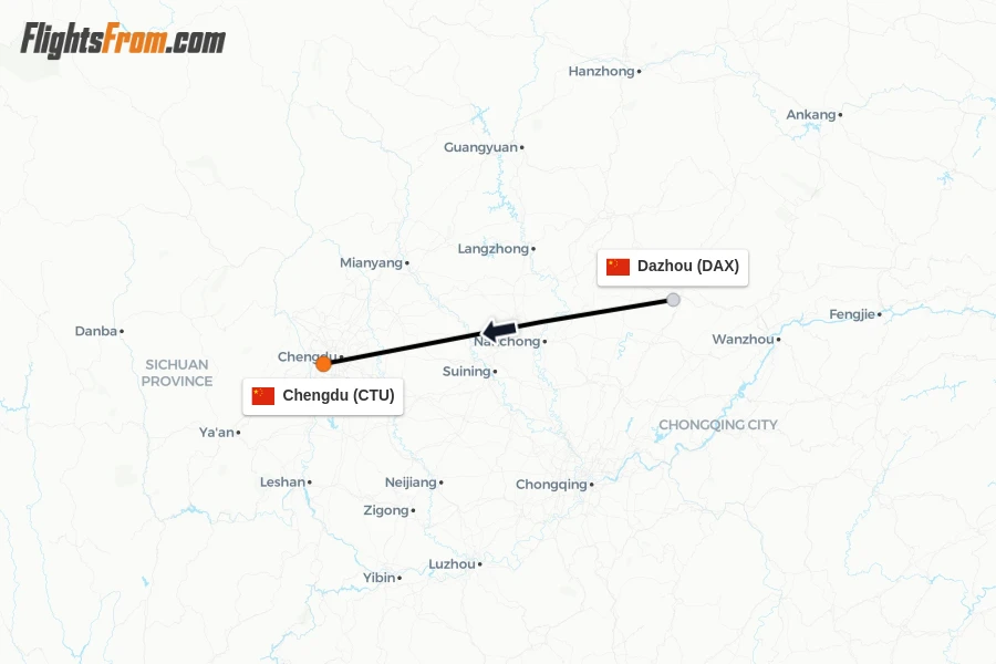 Flights from Dazhou to Chengdu route map