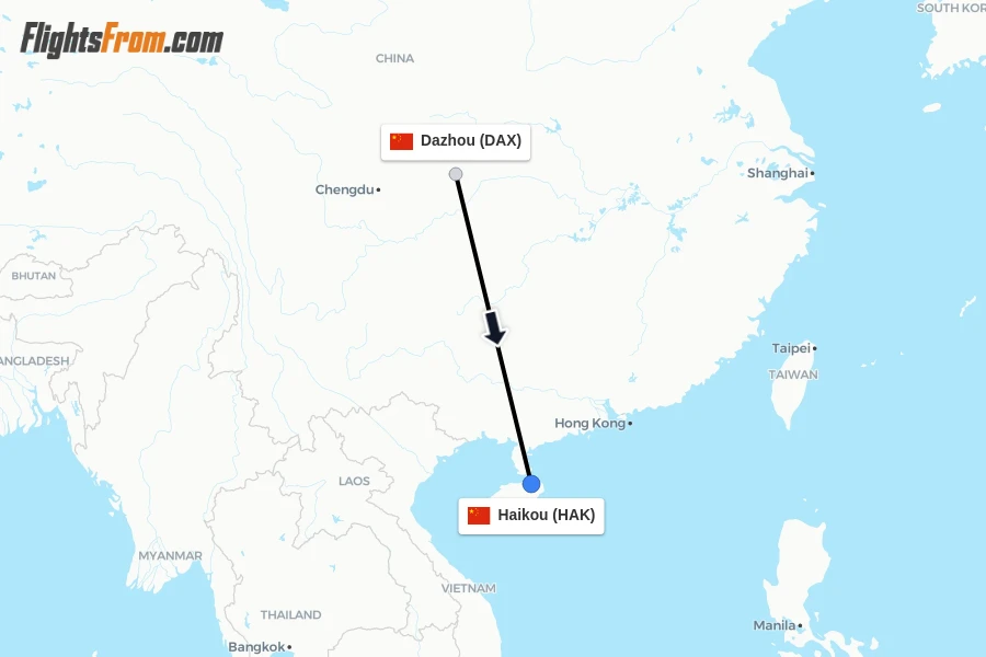 Flights from Dazhou to Haikou route map