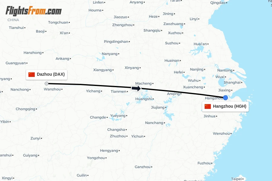 Flights from Dazhou to Hangzhou route map