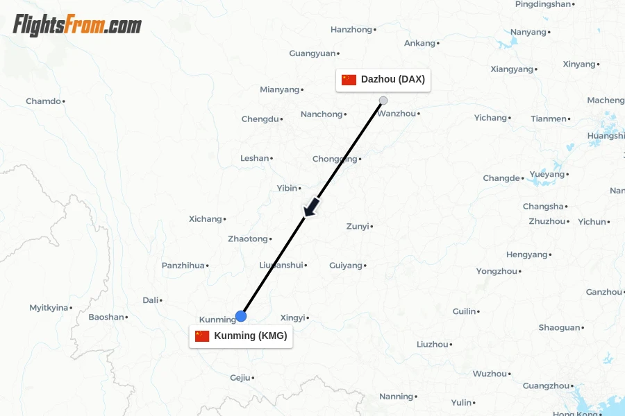 Flights from Dazhou to Kunming route map