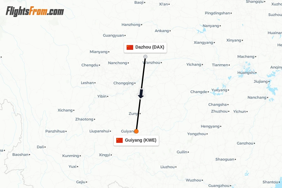 Flights from Dazhou to Guiyang route map