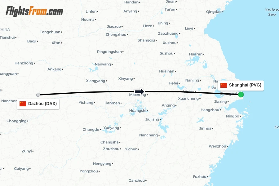 Flights from Dazhou to Shanghai route map