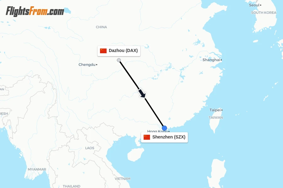 Flights from Dazhou to Shenzhen route map
