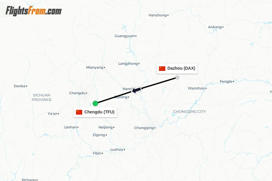 Flights from Dazhou to Chengdu route map