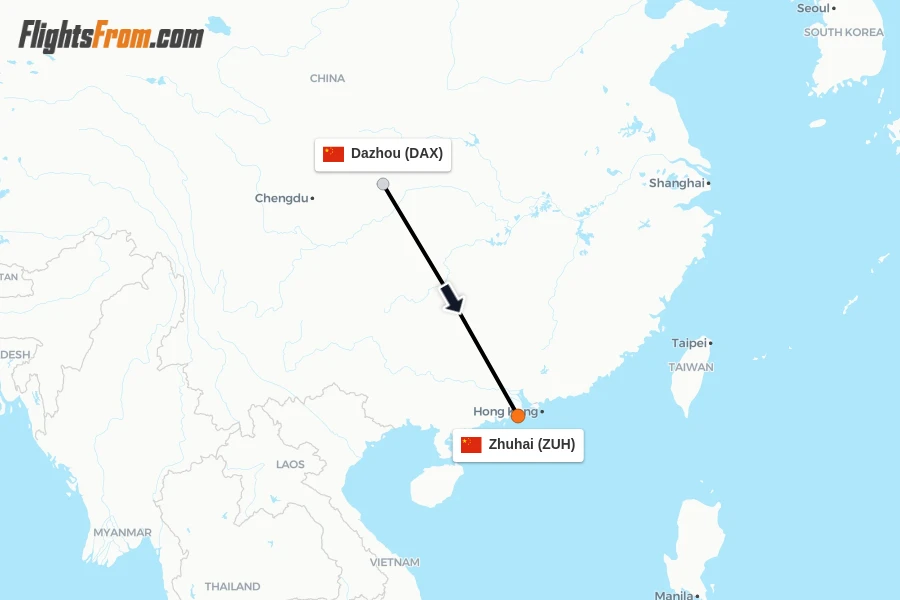 Flights from Dazhou to Zhuhai route map