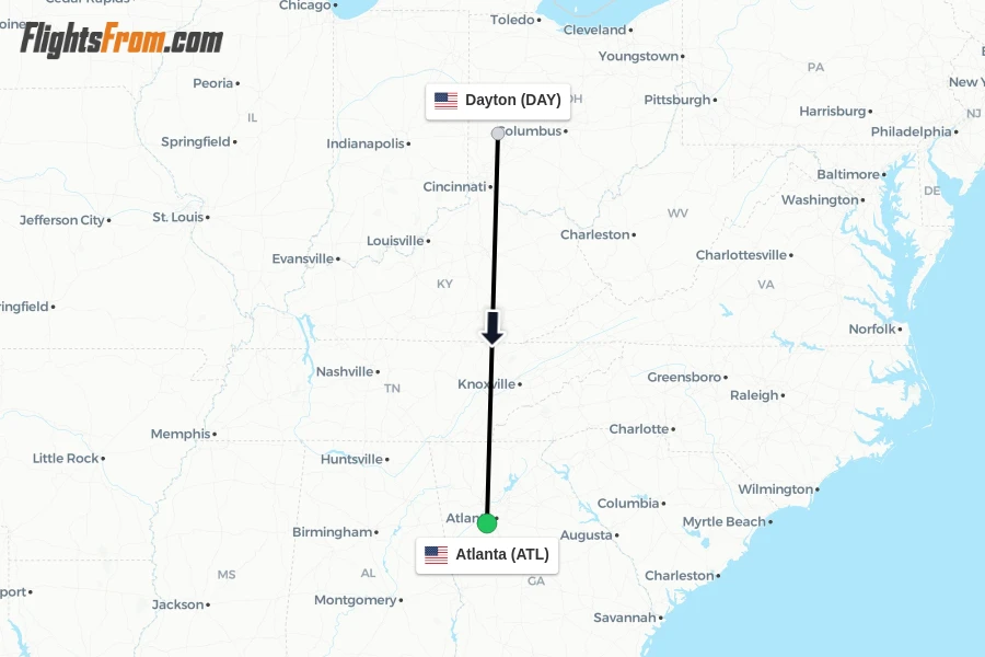 Flights from Dayton to Atlanta route map