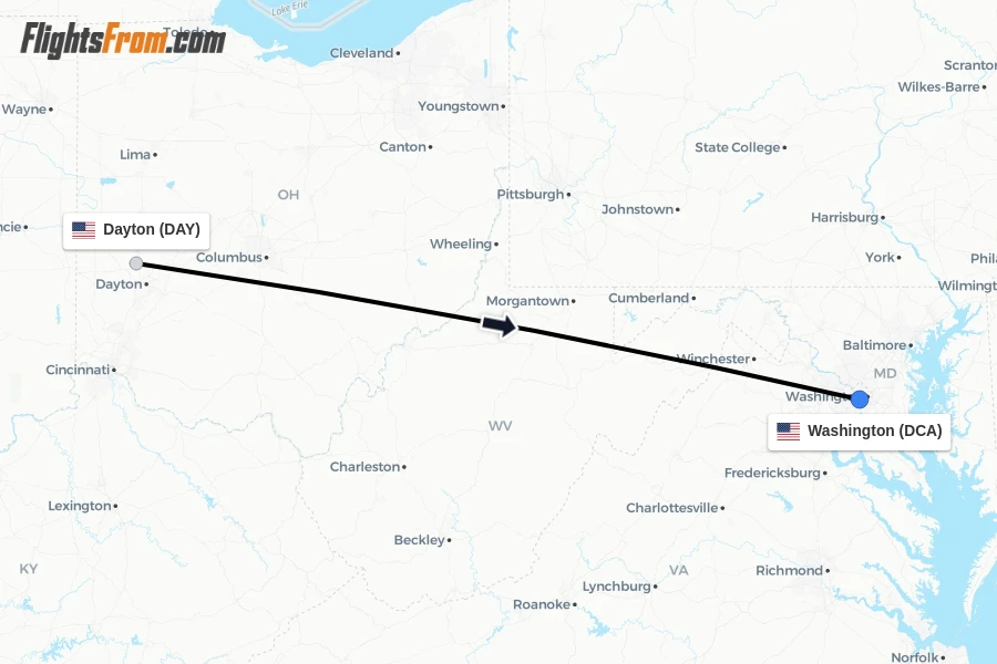 Flights from Dayton to Washington route map