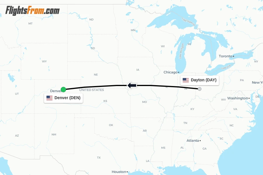 Flights from Dayton to Denver route map