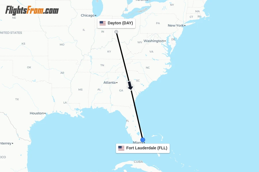Flights from Dayton to Fort Lauderdale route map