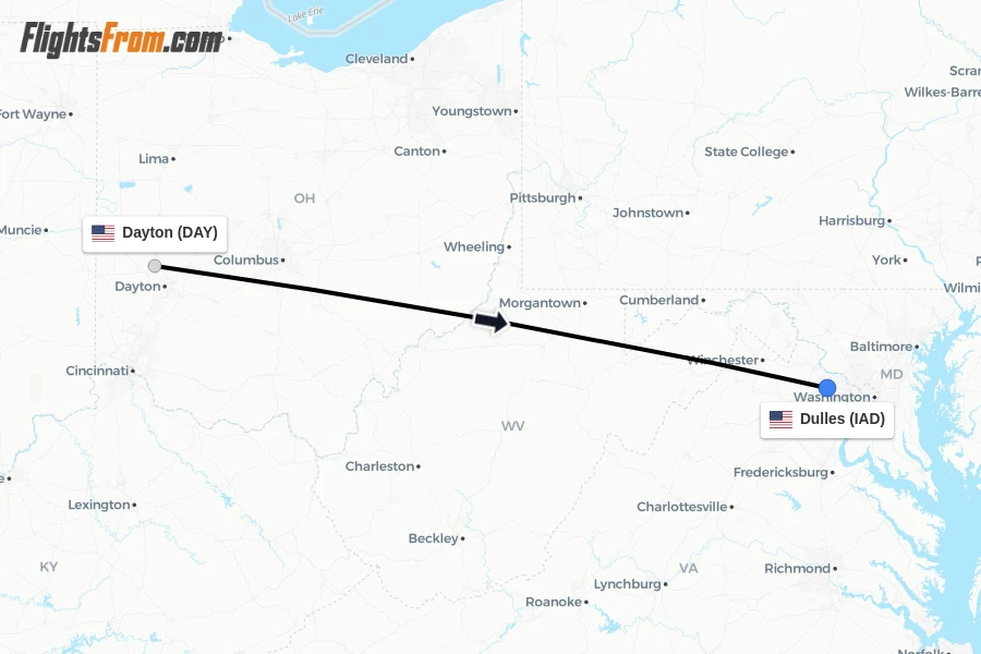 Flights from Dayton to Dulles route map