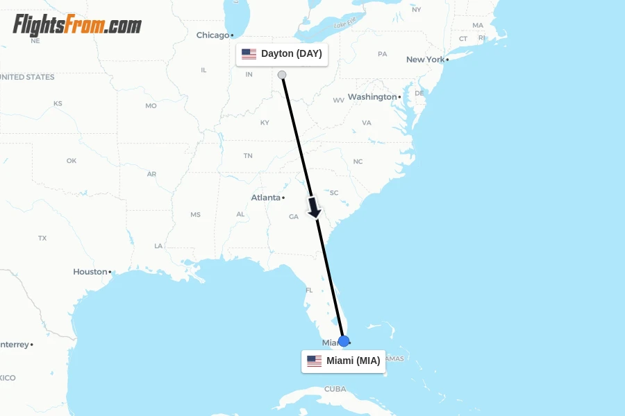 Flights from Dayton to Miami route map