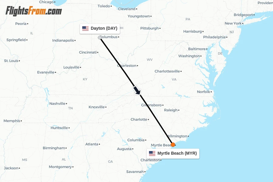 Flights from Dayton to Myrtle Beach route map