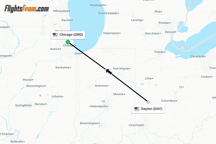 Flights from Dayton to Chicago route map