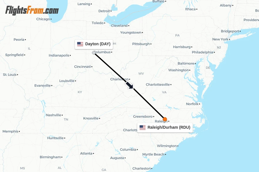 Flights from Dayton to Raleigh/Durham route map