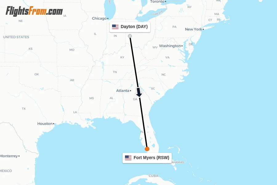 Flights from Dayton to Fort Myers route map