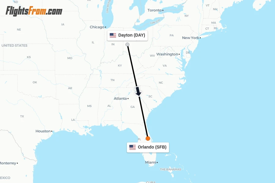 Flights from Dayton to Orlando route map