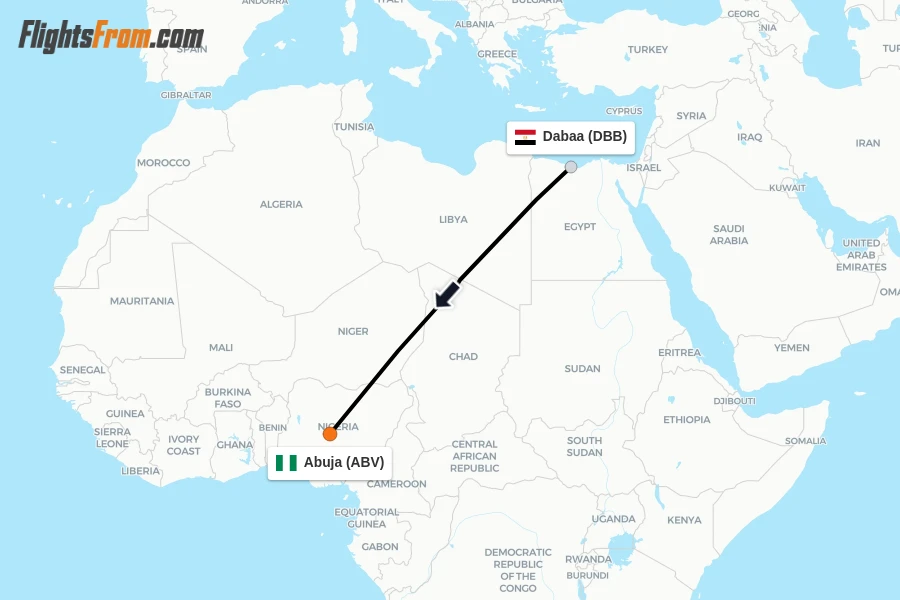 Flights from Dabaa to Abuja route map