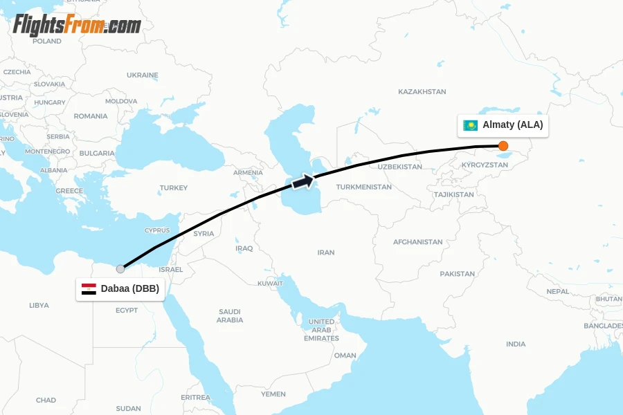 Flights from Dabaa to Almaty route map