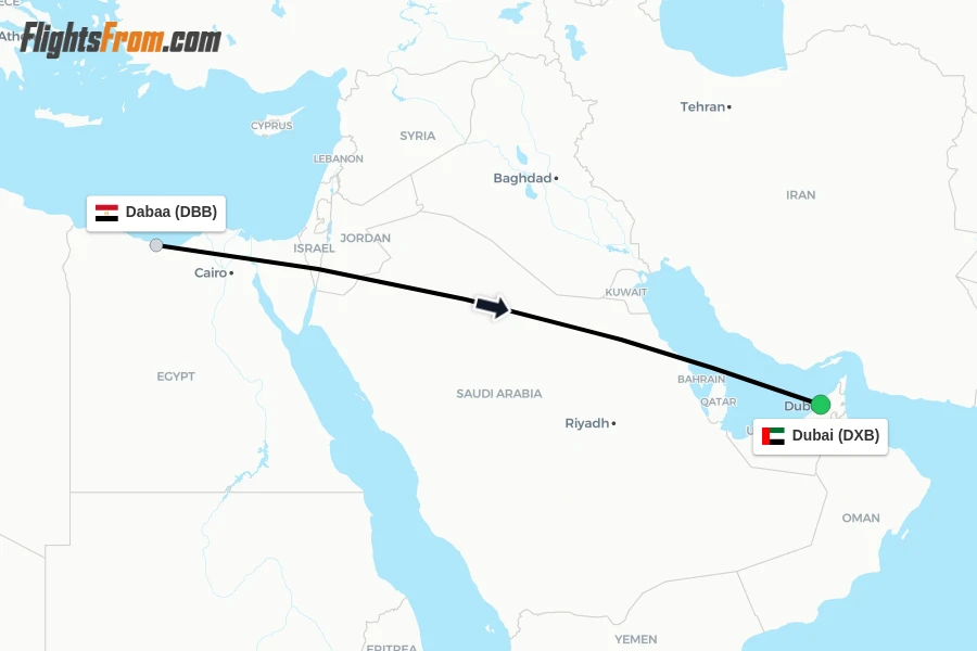Flights from Dabaa to Dubai route map