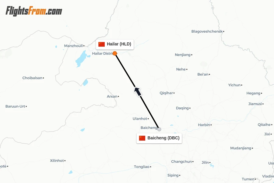 Flights from Baicheng to Hailar route map