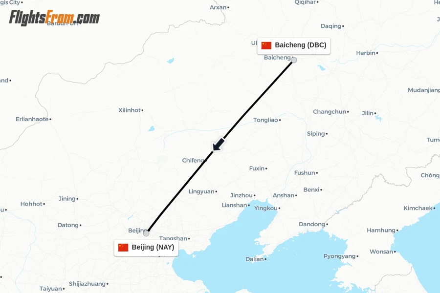 Flights from Baicheng to Beijing route map