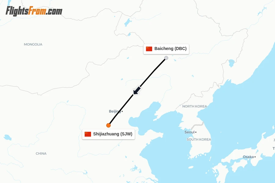 Flights from Baicheng to Shijiazhuang route map