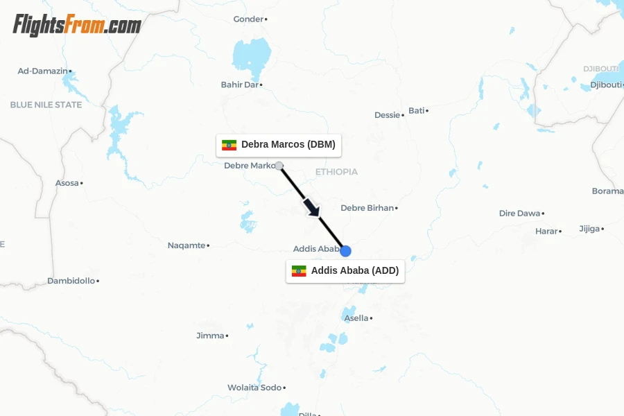 Flights from Debra Marcos to Addis Ababa route map