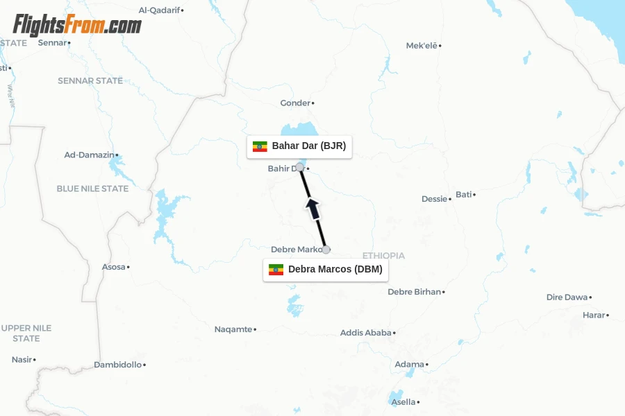 Flights from Debra Marcos to Bahar Dar route map