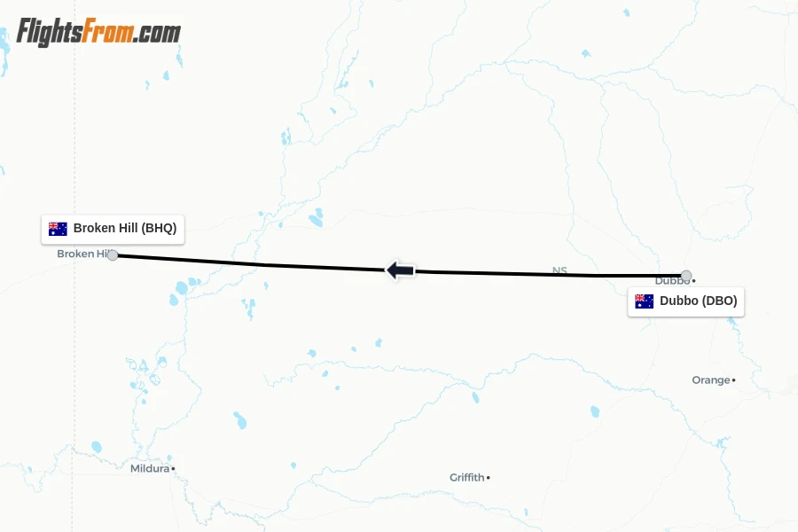 Flights from Dubbo to Broken Hill route map