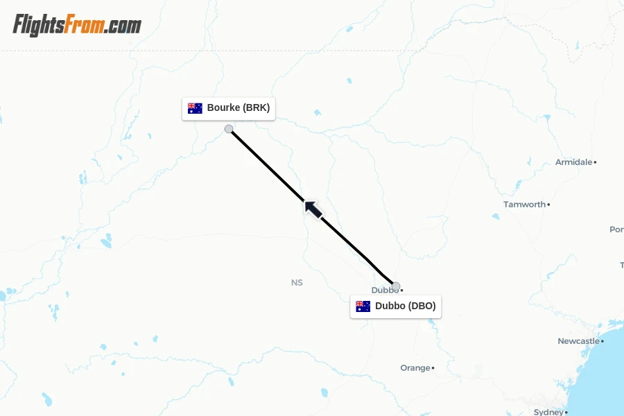 Flights from Dubbo to Bourke route map