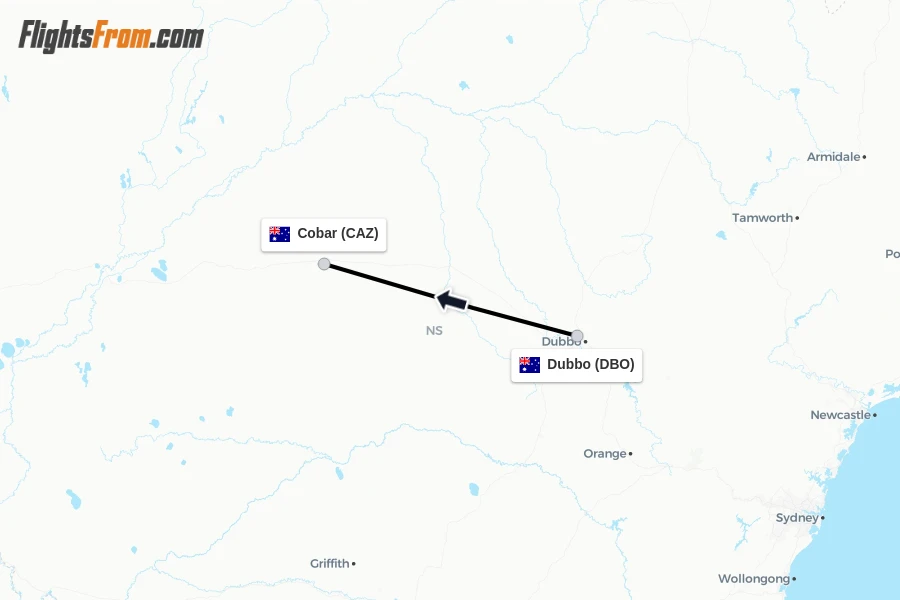 Flights from Dubbo to Cobar route map