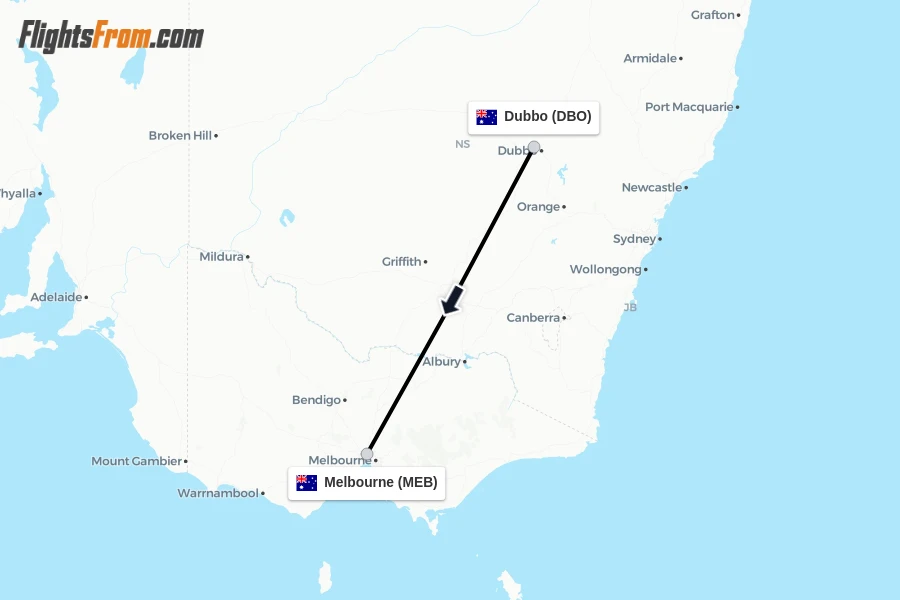 Flights from Dubbo to Melbourne route map