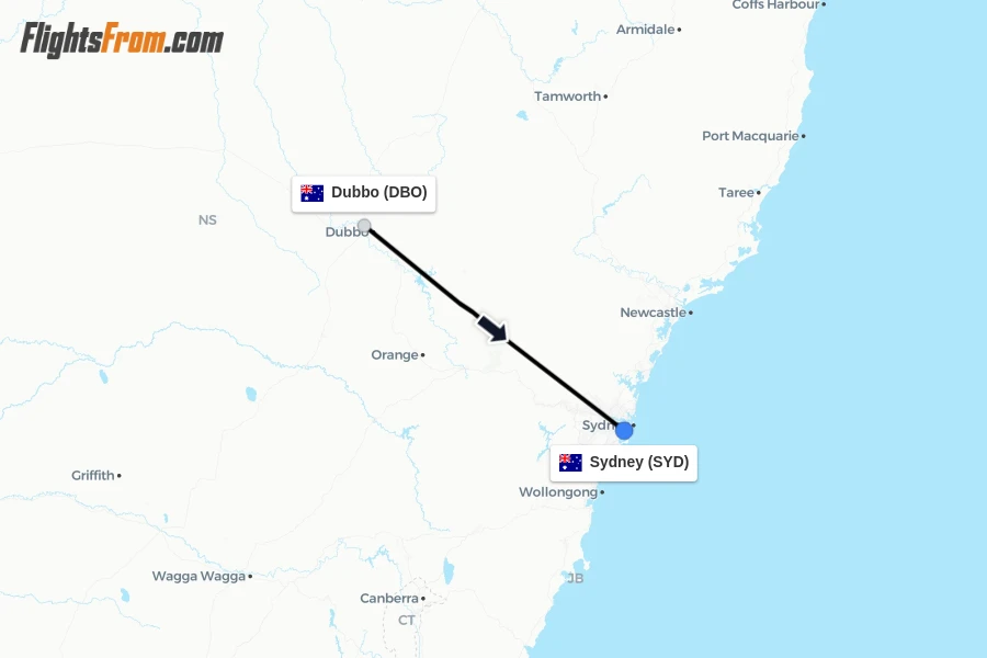 Flights from Dubbo to Sydney route map
