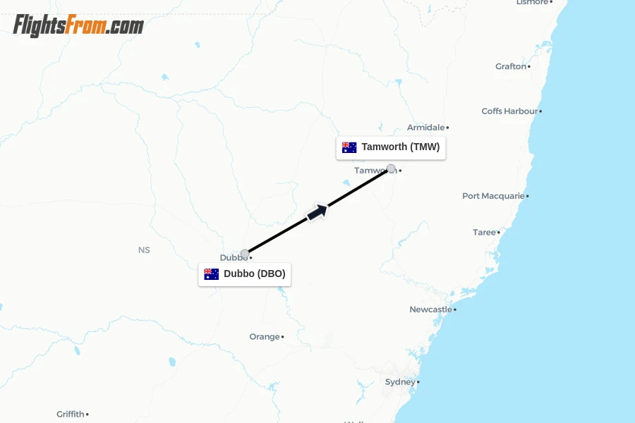 Flights from Dubbo to Tamworth route map