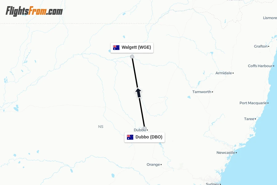 Flights from Dubbo to Walgett route map