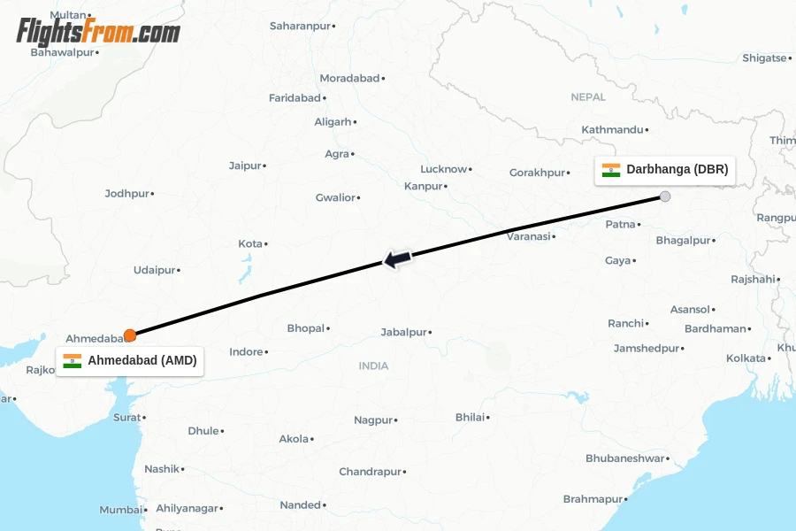 Flights from Darbhanga to Ahmedabad route map