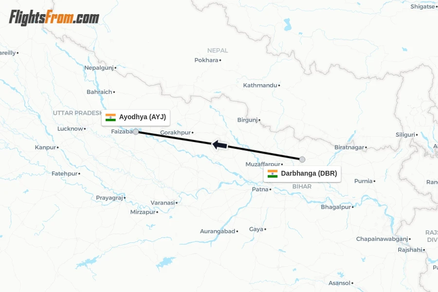 Flights from Darbhanga to Ayodhya route map